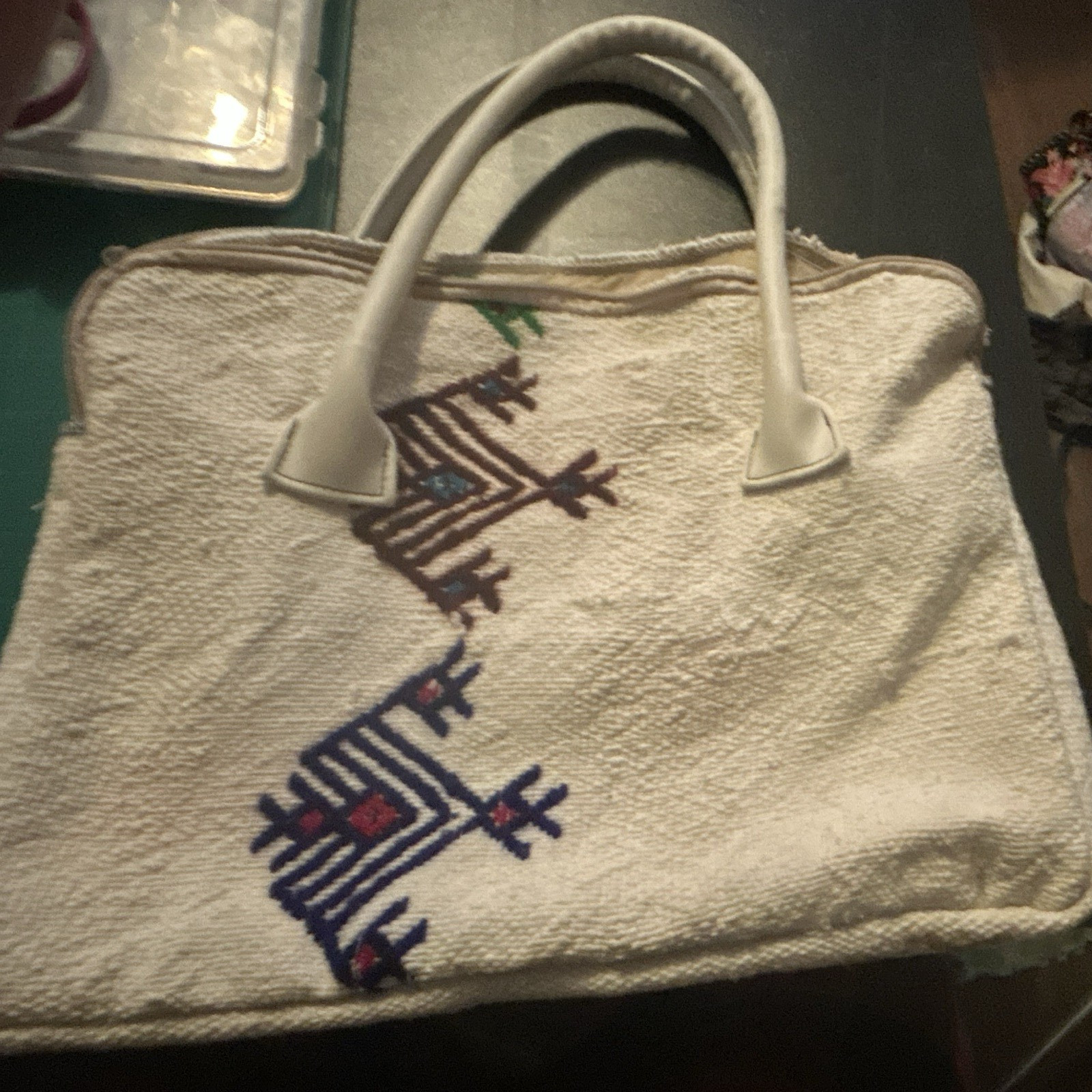 Women’s Beige Geometric Embroidered Tote Bag w/ White Faux Leather Handles