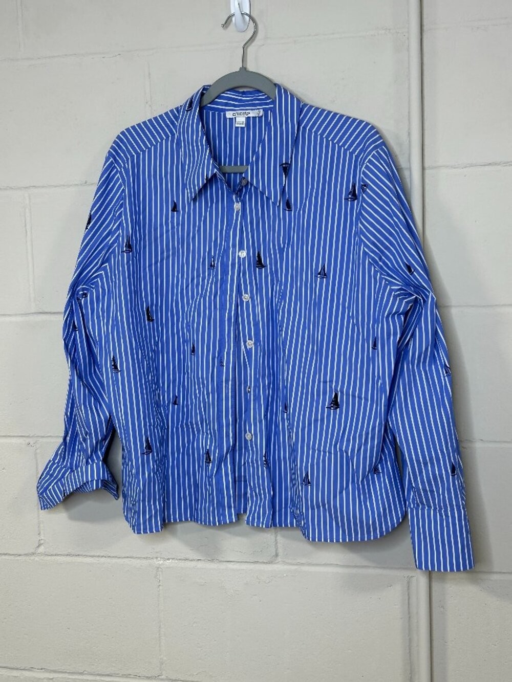 Chicos Shirt Womens 3.5 18 Button Up Boats Preppy Nautical Collared Blue Stripes
