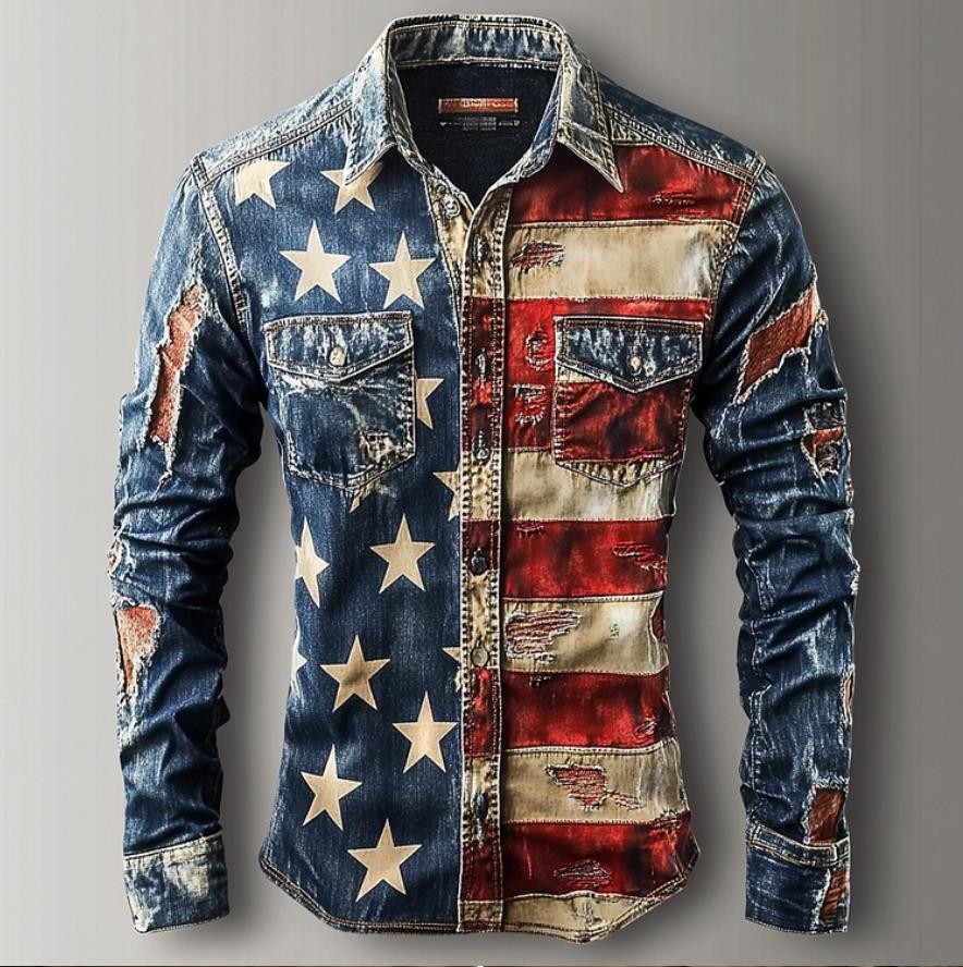 Mens Blue Denim Color Jean Flag Printed Button Shirt Casual Punk Hip Hop Fashion