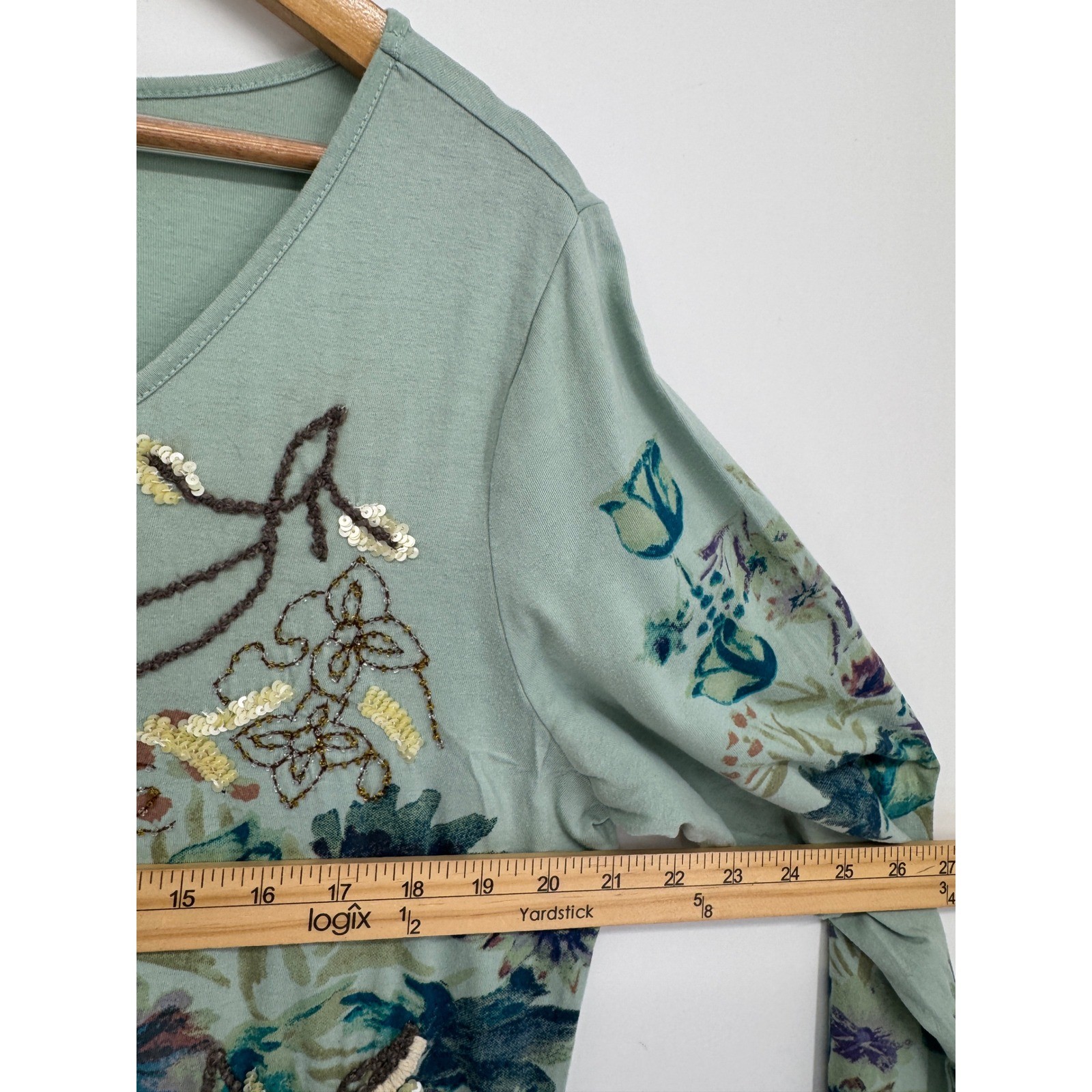 Sundance Floral Sequin Embroidered Top Women L Sage Green Boho Whimsical Artsy