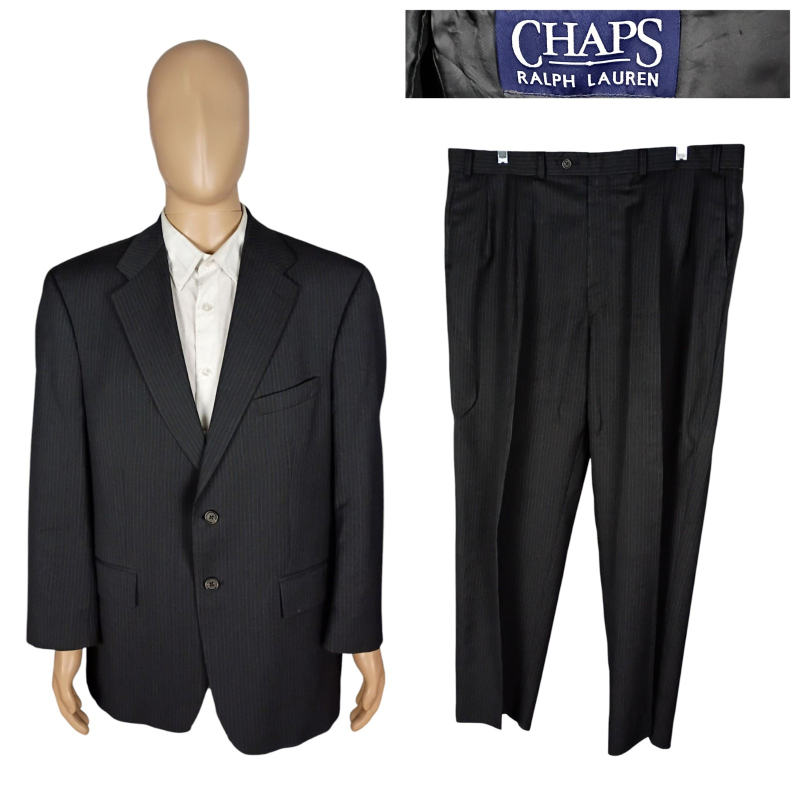 Chaps Ralph Lauren Charcoal Gray Blue Stripe Cashmere Wool Suit 44R Pants 38X29