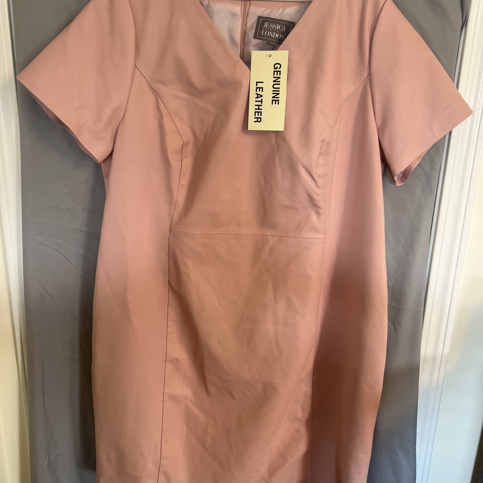 Jessica London Women’s Short Sleeve Pink Leather Sheath Dress