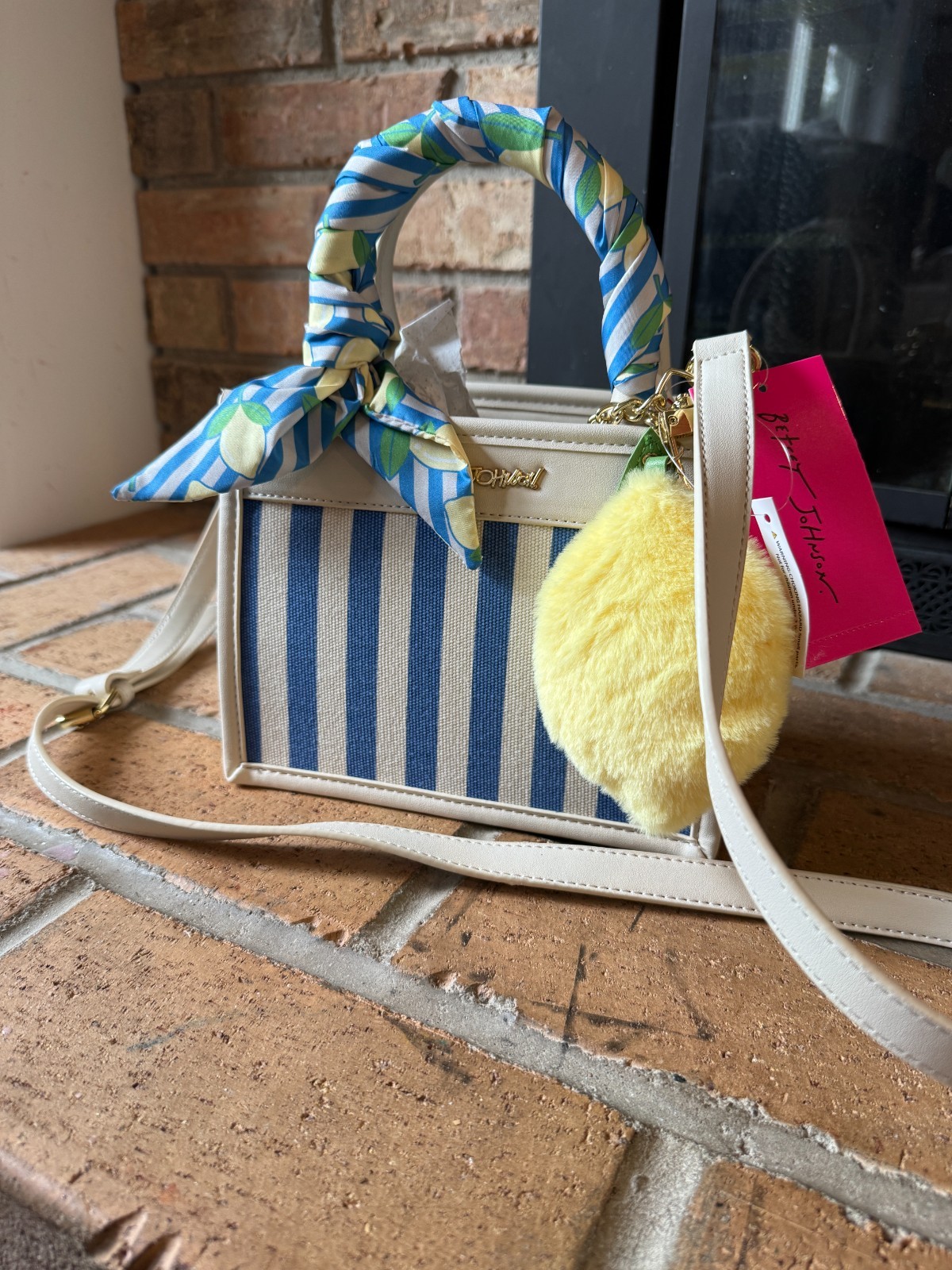 Betsey Johnson XO Lucy Lemons Stripes Satchel Crossbody Bag Scarf Bow Charm