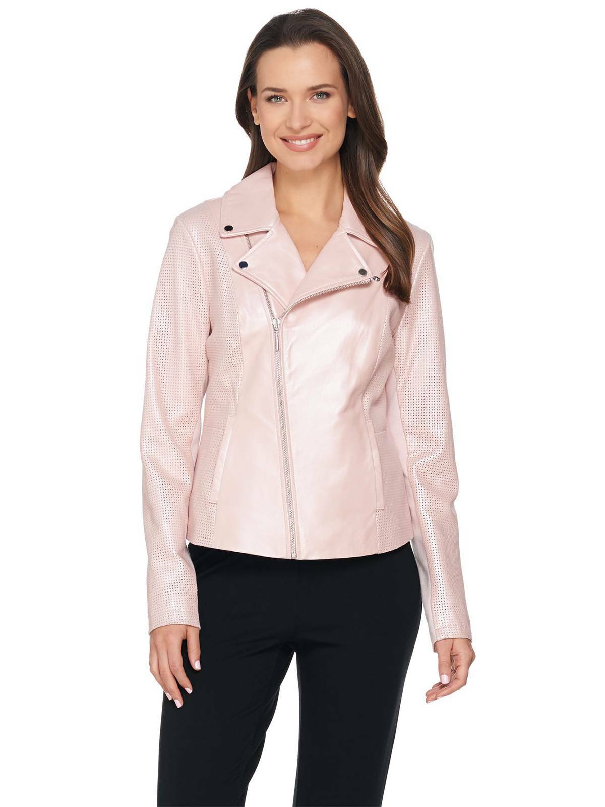 H BY HALSTON Size 12 Pearlized Lamb Leather Motorcycle Jacket ROSE BLUSH