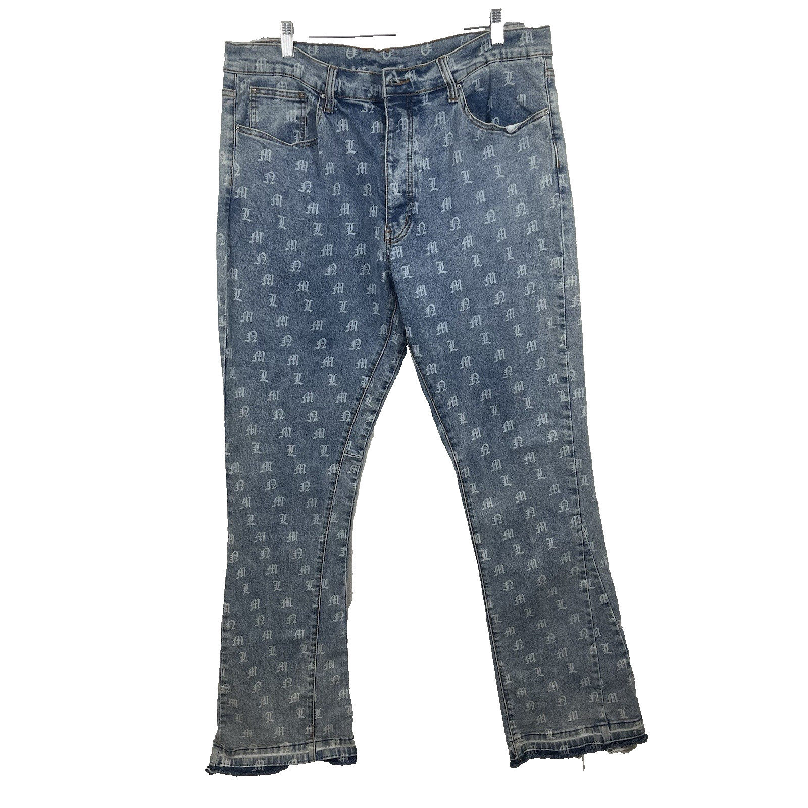 MNML B639 Old English Flare Denim Y2K Jeans Mens Size 38 Blue Stacked Streetwear