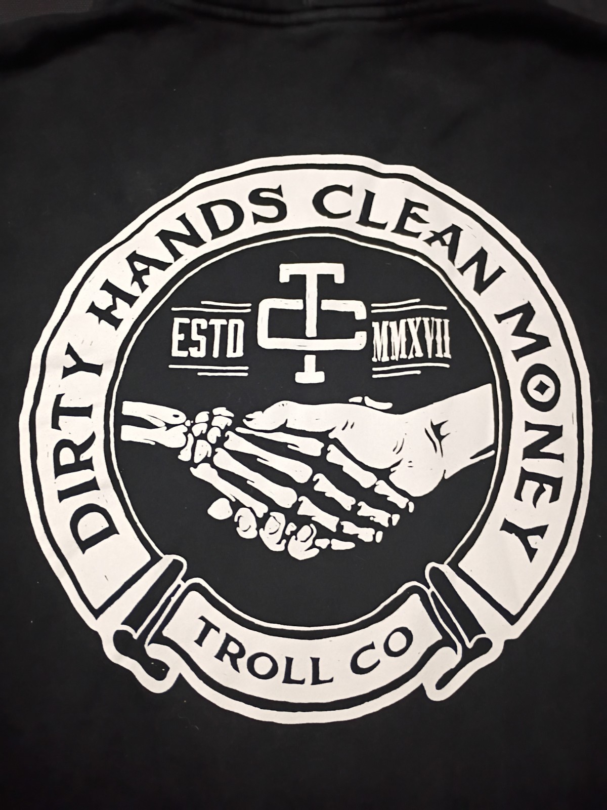 Troll Co Men’s Hoodie Dirty Hands Clean Money Graphic Black With White Writing