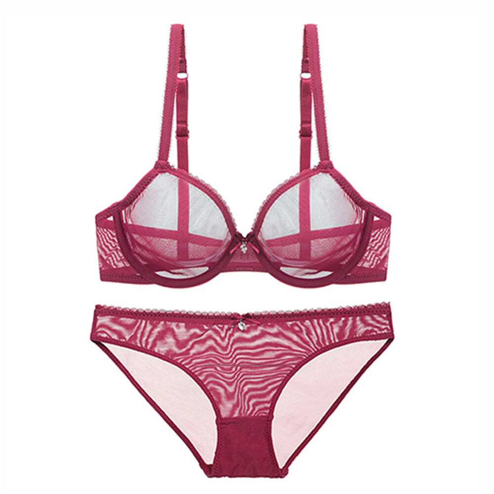 Unlined Ladies Bras Set Sexy See-Through Lingerie Mesh Underwire Brassiere Brief