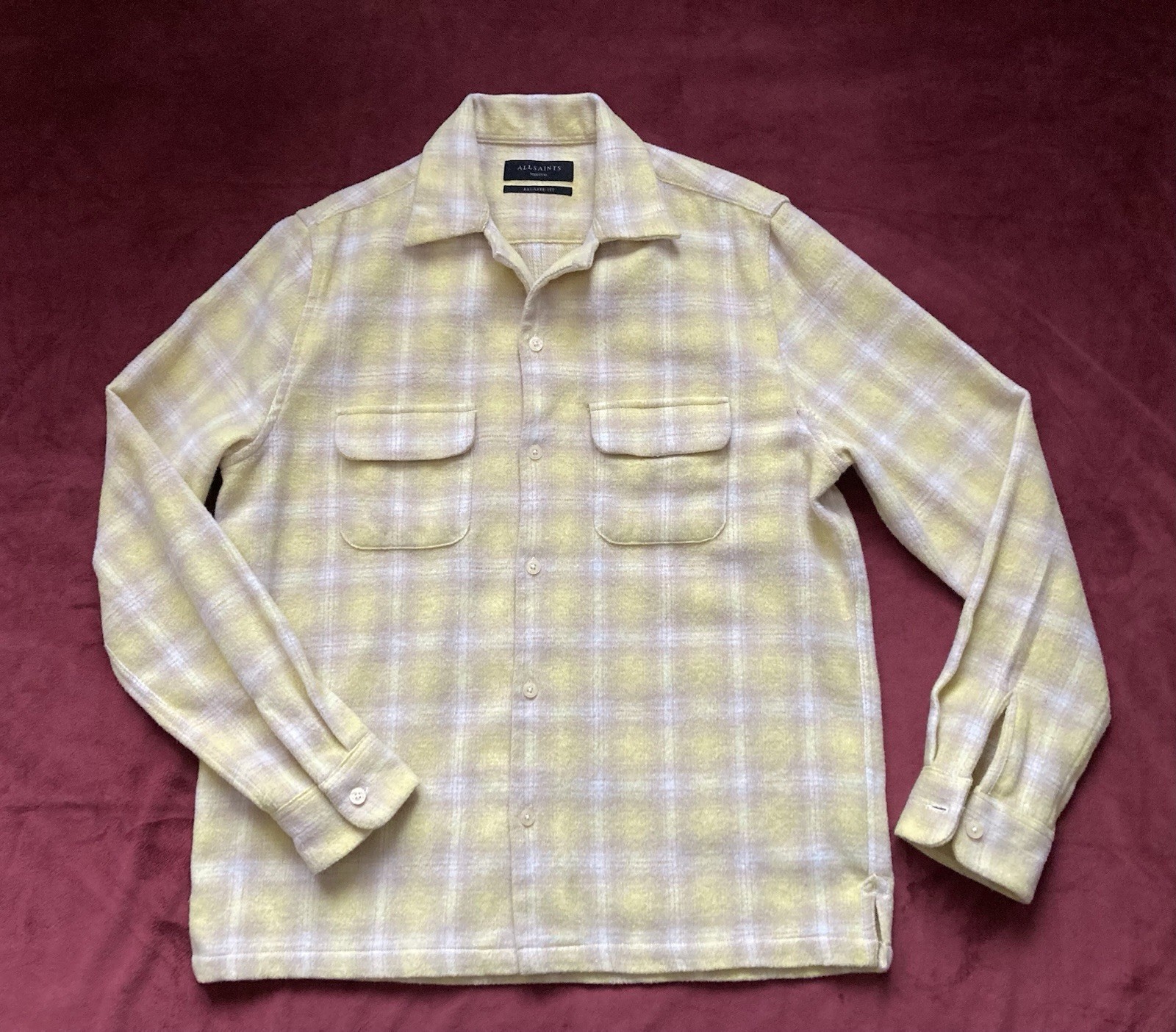 AllSaints Mens Flannel Shirt Shacket Plaid Winter Yellow Beige Pockets Size M