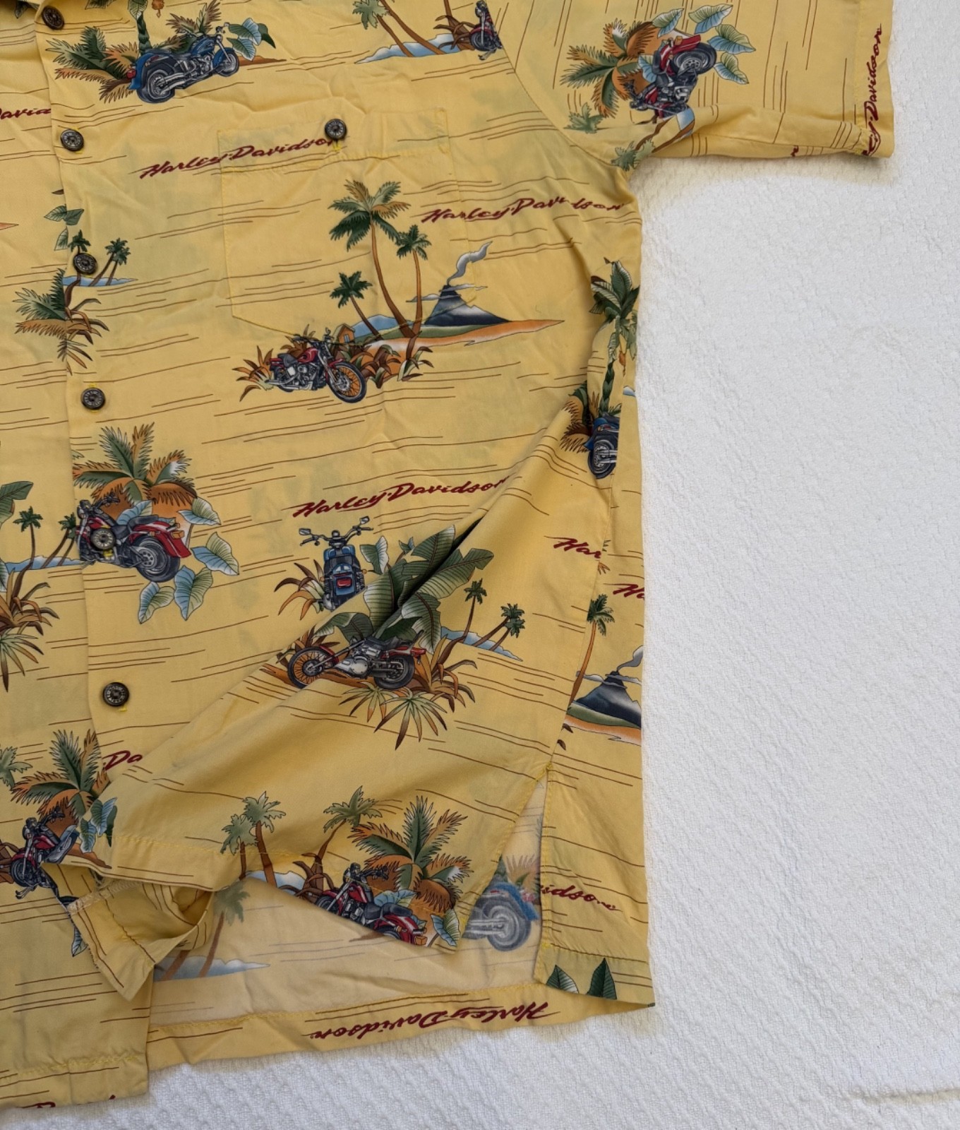 Harley Davidson Tori Richard Hawaiian Shirt Mens Yellow Motorcycle Print XL