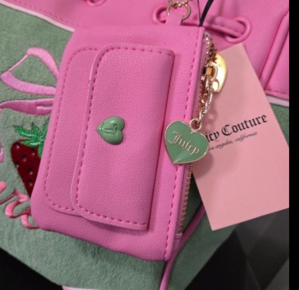 Juicy Couture Pink & Green Tote Strawberry Embroidery Bow Charm Tag Drawstring