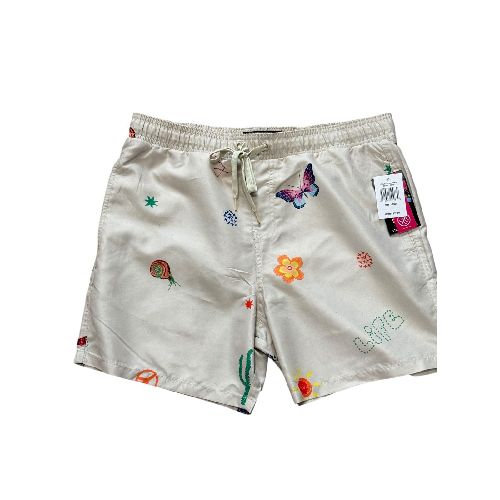 Surf Society Mens Embroidered Print 5″ Inseam Swim Trunks Beige SZ Large NWT