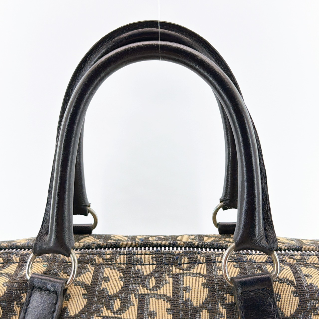 Auth Christian Dior Trotter Pattern Canvas Beige Navy Boston Bag 303Q1