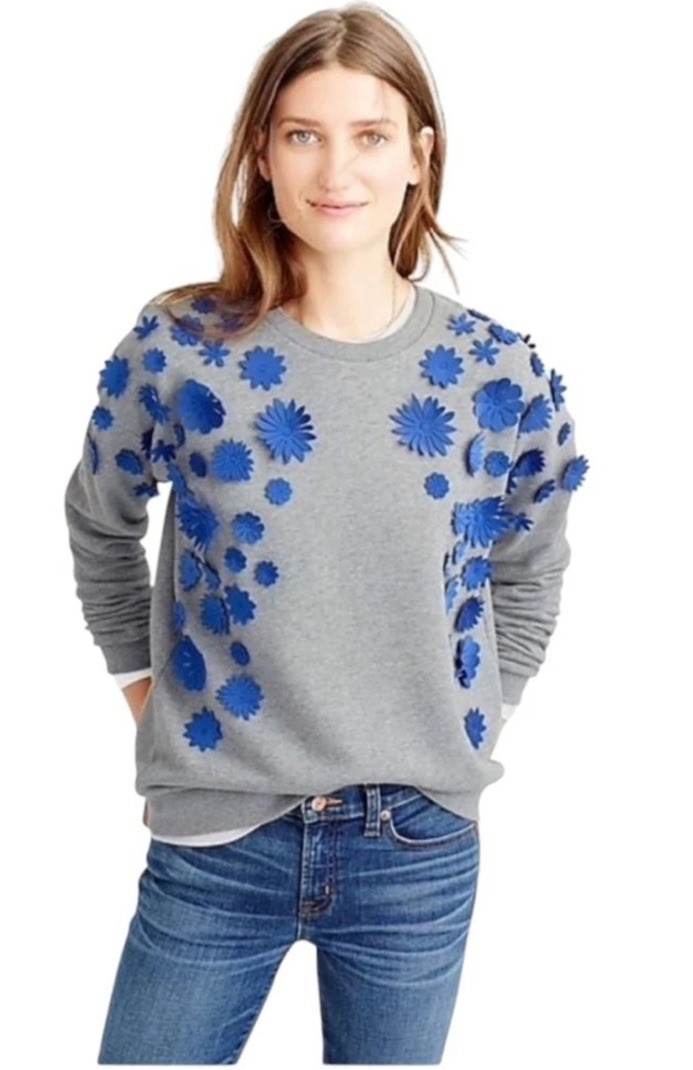 J.Crew Embellished Flower Sweatshirt XS JCrew Pullover Sweatshirt Hthr Quarry