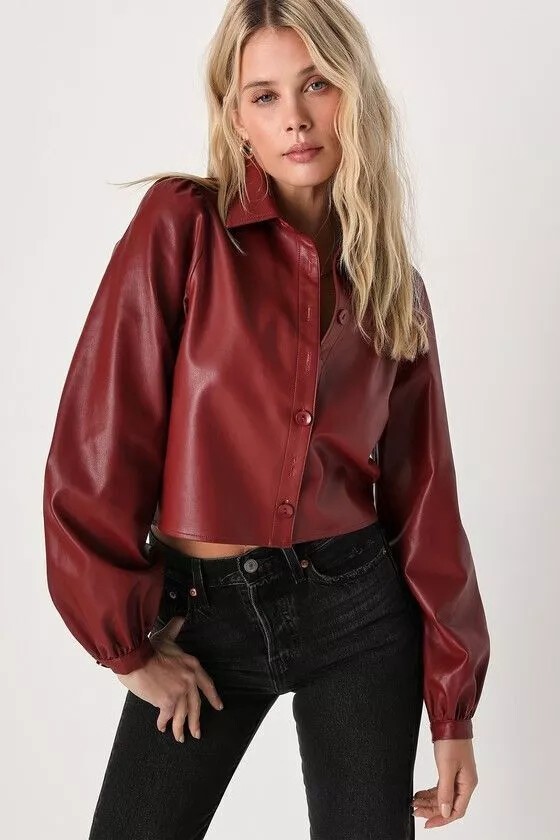 Genuine Stylish Red Women Casual Handmade Soft Designer Leather Lambskin Shirt