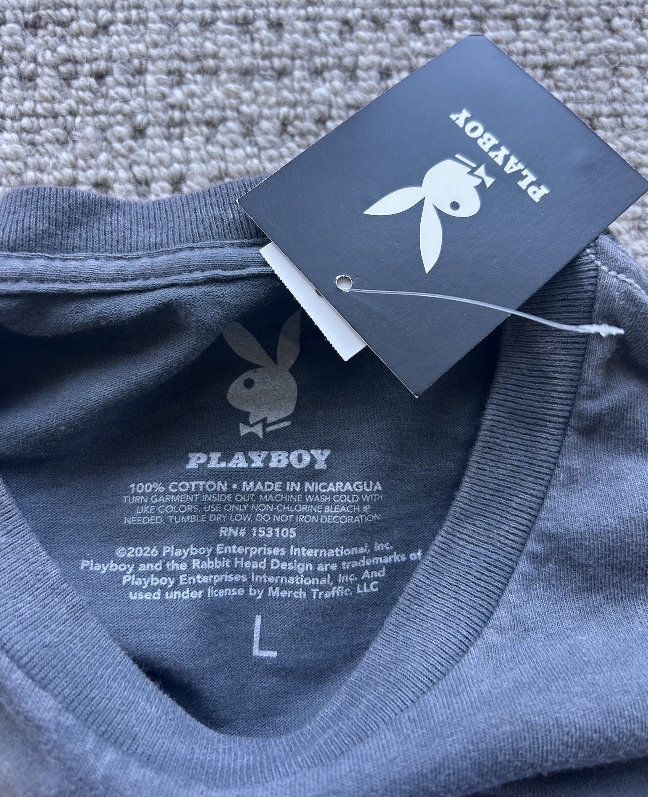 Playboy Women’s Charcoal Grey T-shirt With Airbrush Logo With Pink Roses Size L