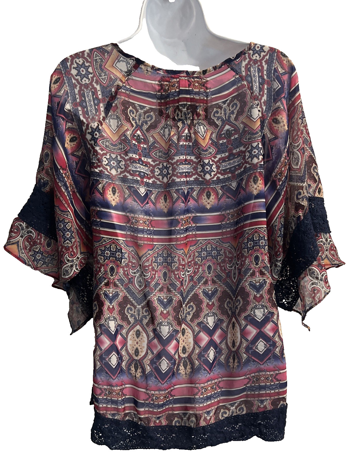 James Bryan Boho Paisley Print Kimono Top Size S Split Sleeve Blouse Lace Trim
