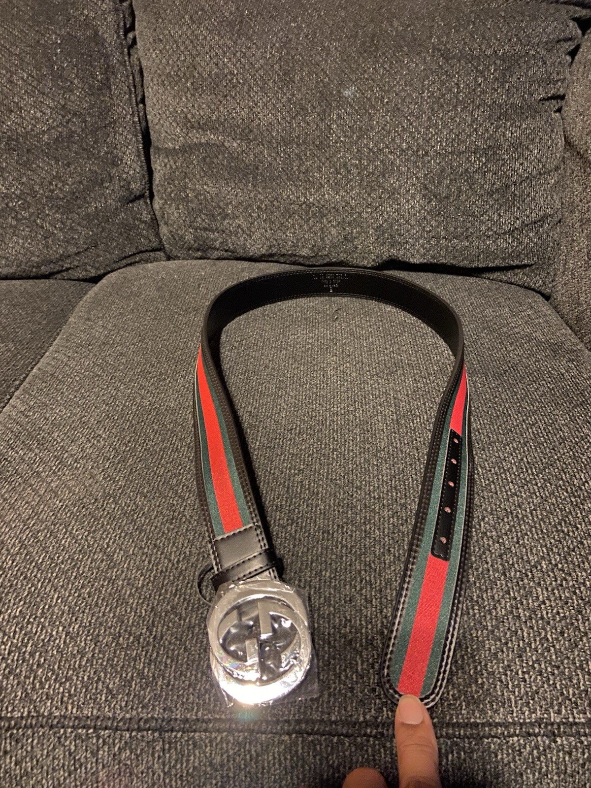 Gucci GG Silver Interlocking Belt Buckle Red Green Black Leather Canvas Men