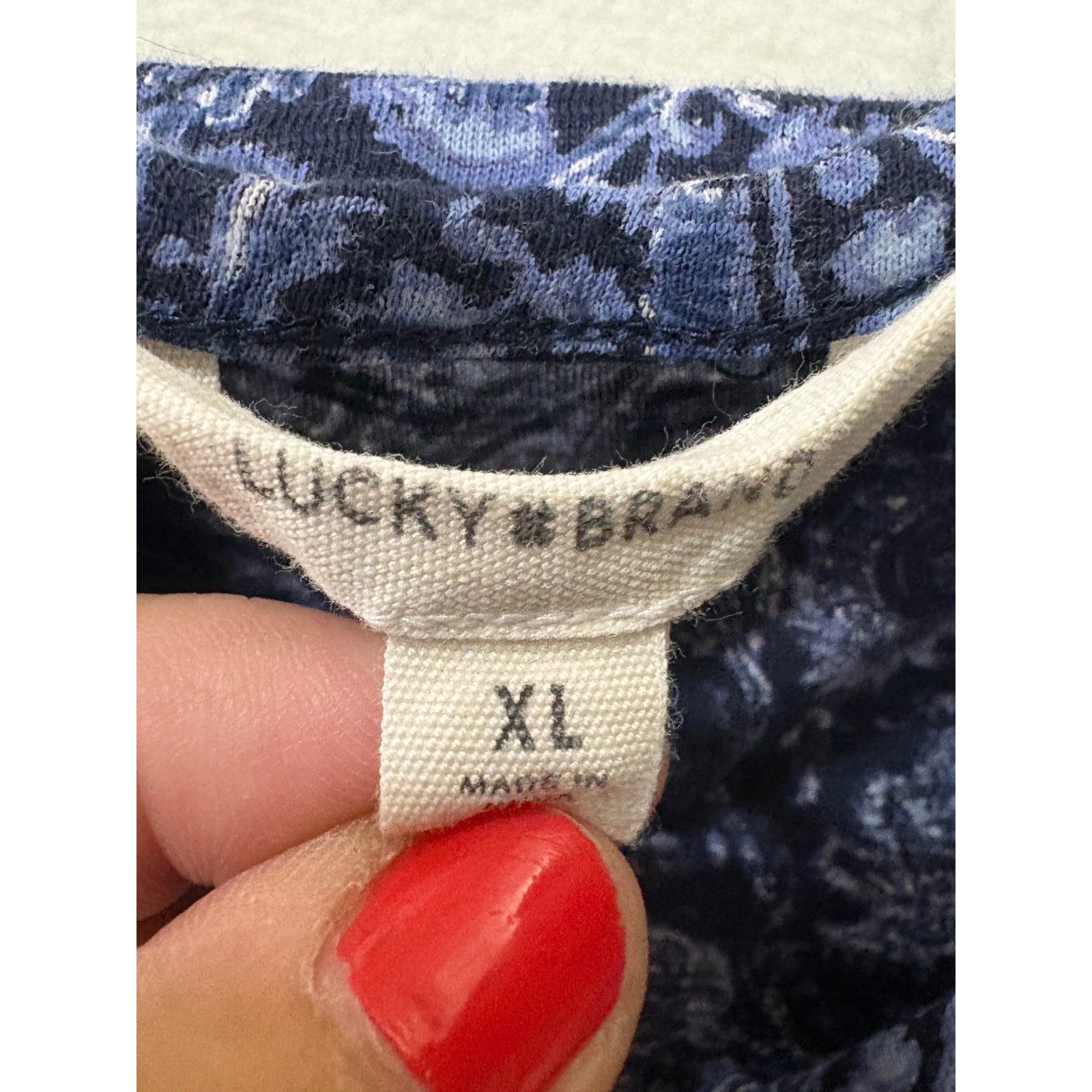 Lucky Brand Womens XL Navy Blue Paisley Floral Peplum Boho V-Neck Blouse Top