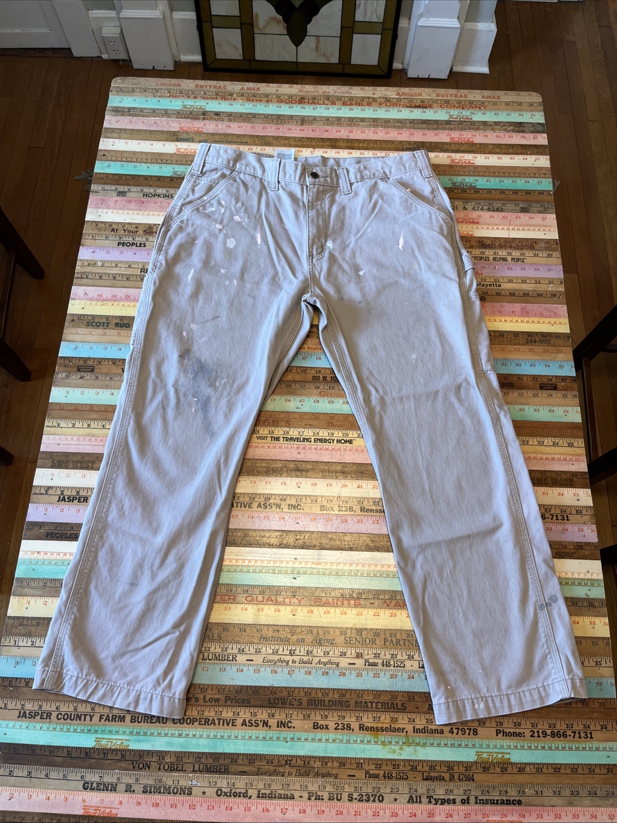 Carhartt Canvas Work Pants Mens 38×30 Khaki Utility Carpenter Cotton Paint Splat