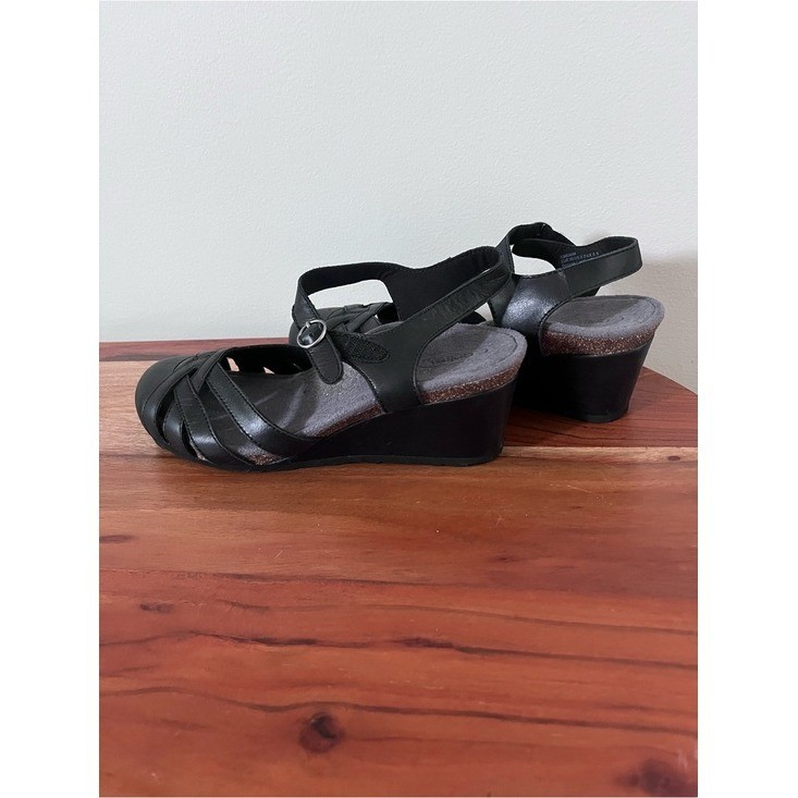 Aetrex Black Leather Wedge Sandals Strappy Comfort Buckle EW690W US 8.5