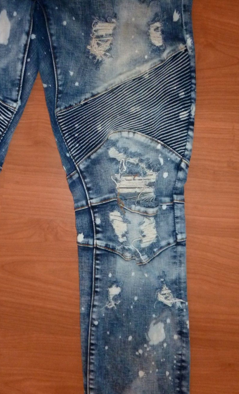 Crysp Denim Moto Biker Men’s Stretch Jeans Sz 36×33 Skinny Distressed Acid Wash