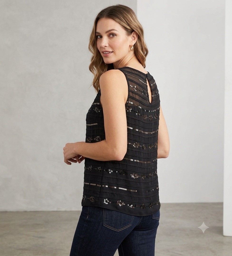 Trina Turk Silk Black Sequin Sleeveless Blouse Top Womens Size Large L Party