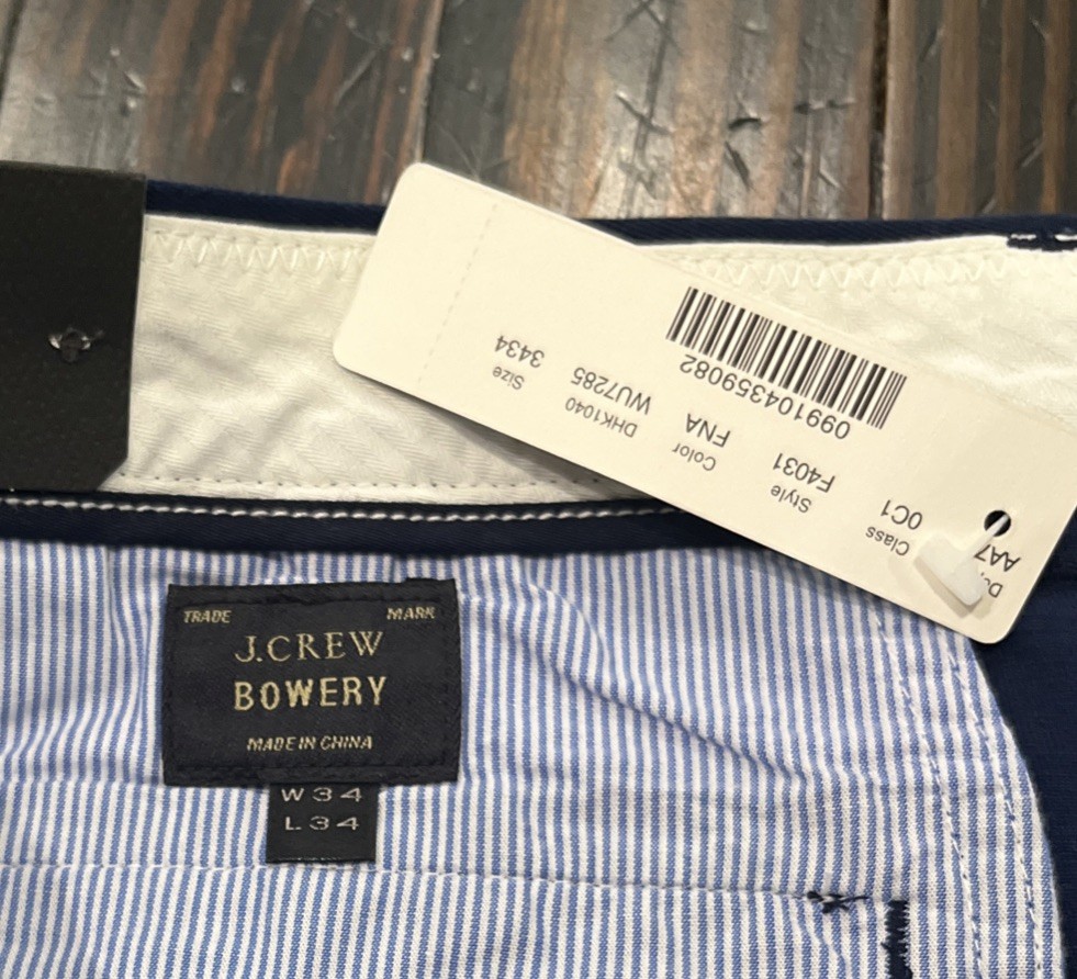 J. Crew Bowery Slim Stretch Pants Men’s 34 x 34 Blue Cotton NEW
