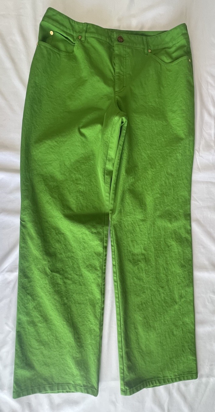 ESCADA Lime Green Trousers Pants Sz 44 US 14 NWOT Luxury Gold Button Bold Modern