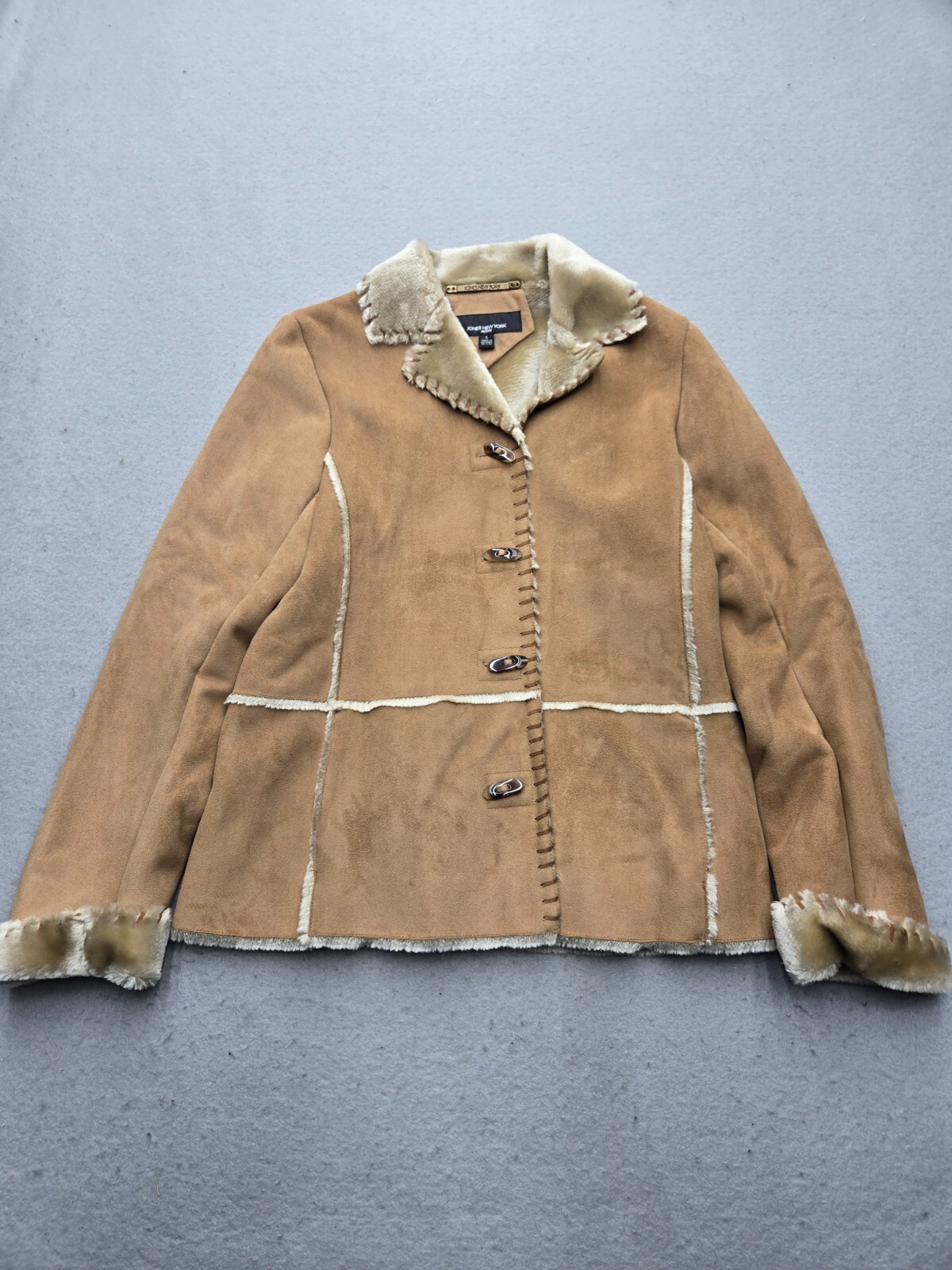 Jones New York Women Coat Small Brown Faux Fur Collared Lapel Stitching Casual