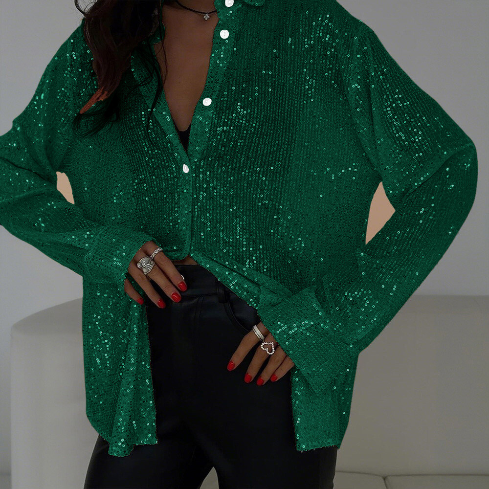 Womens Sequin Glitter Shiny Button Down Shirt Ladies Clubwear Party Tops Blouse