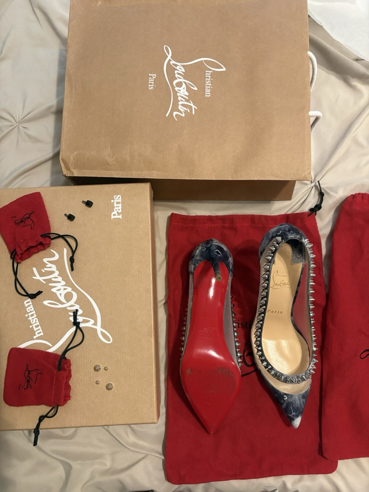 Christian Louboutin Studded Spike Denim Mesh Pointed Toe Pumps US 7 EU 38.5