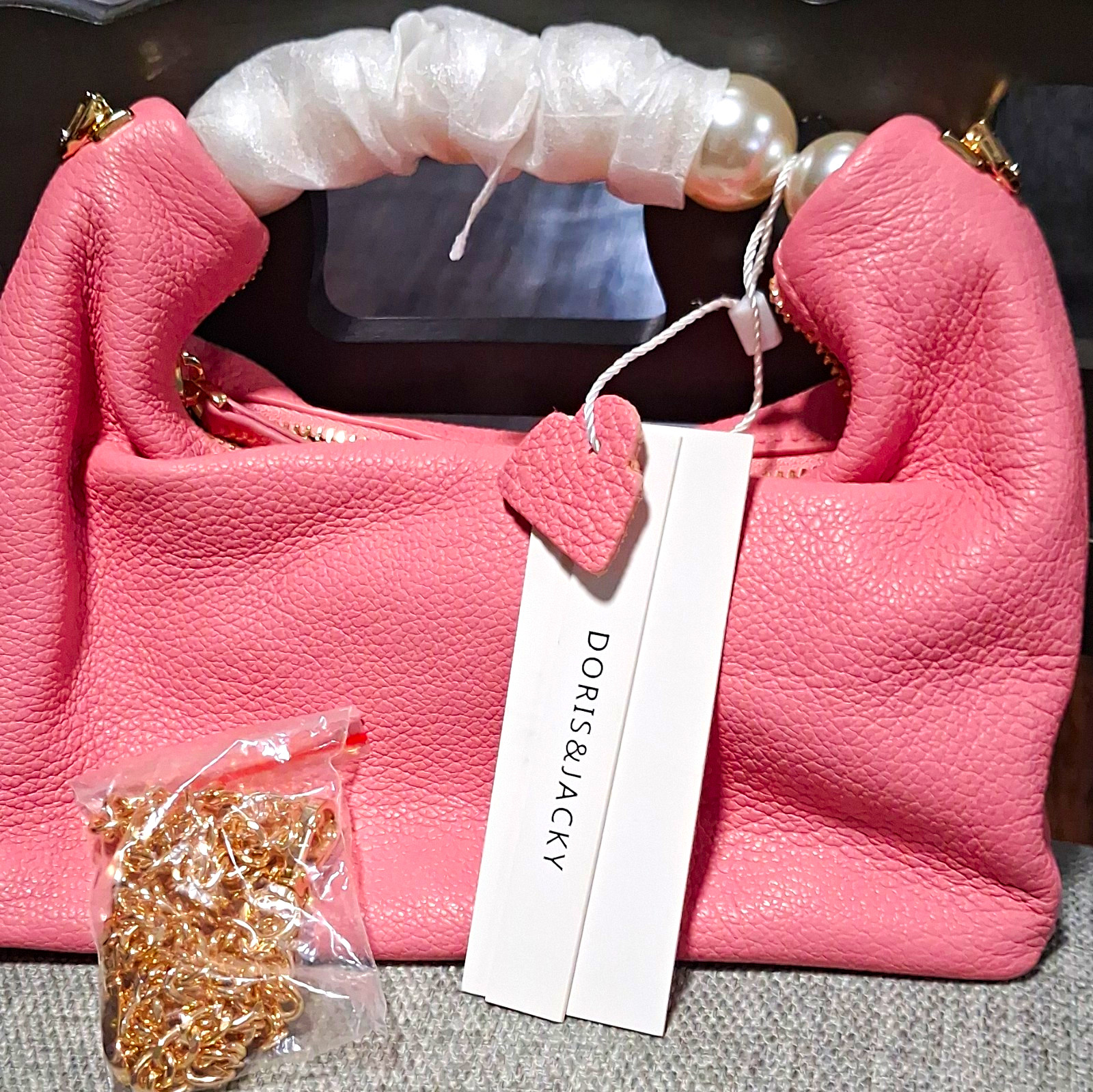 Doris & Jacky Pink Pebbled Top Handle Bag Detachable Chain Strap Zip