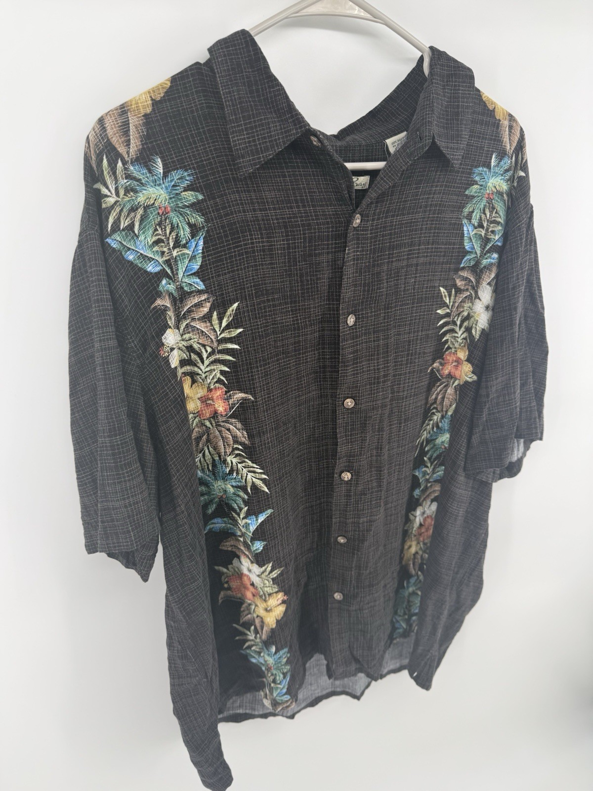 BATIK BAY Men’s 100% Rayon Button Up Shirt Hawaiian Floral Large Gray