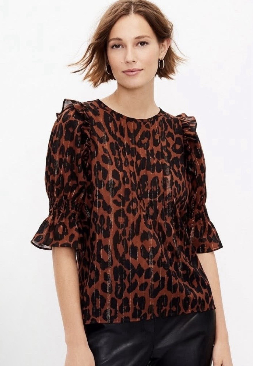 LOFT Cotton Blend Elbow Sleeve Blouse Ruffle Cheetah Brown, Black, Gold Size M