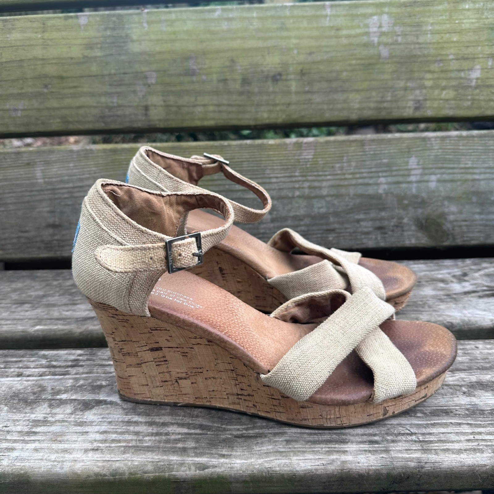 TOMS Sienna Oatmeal Linen Cork Wedge Sandals Size 12 Tan Ankle Strap Platform