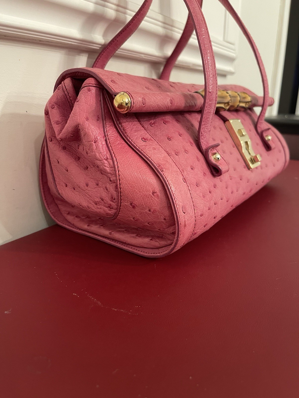Gucci Ostrich Bullet Bamboo Gold Hardware Turn Lock Closure with Tag