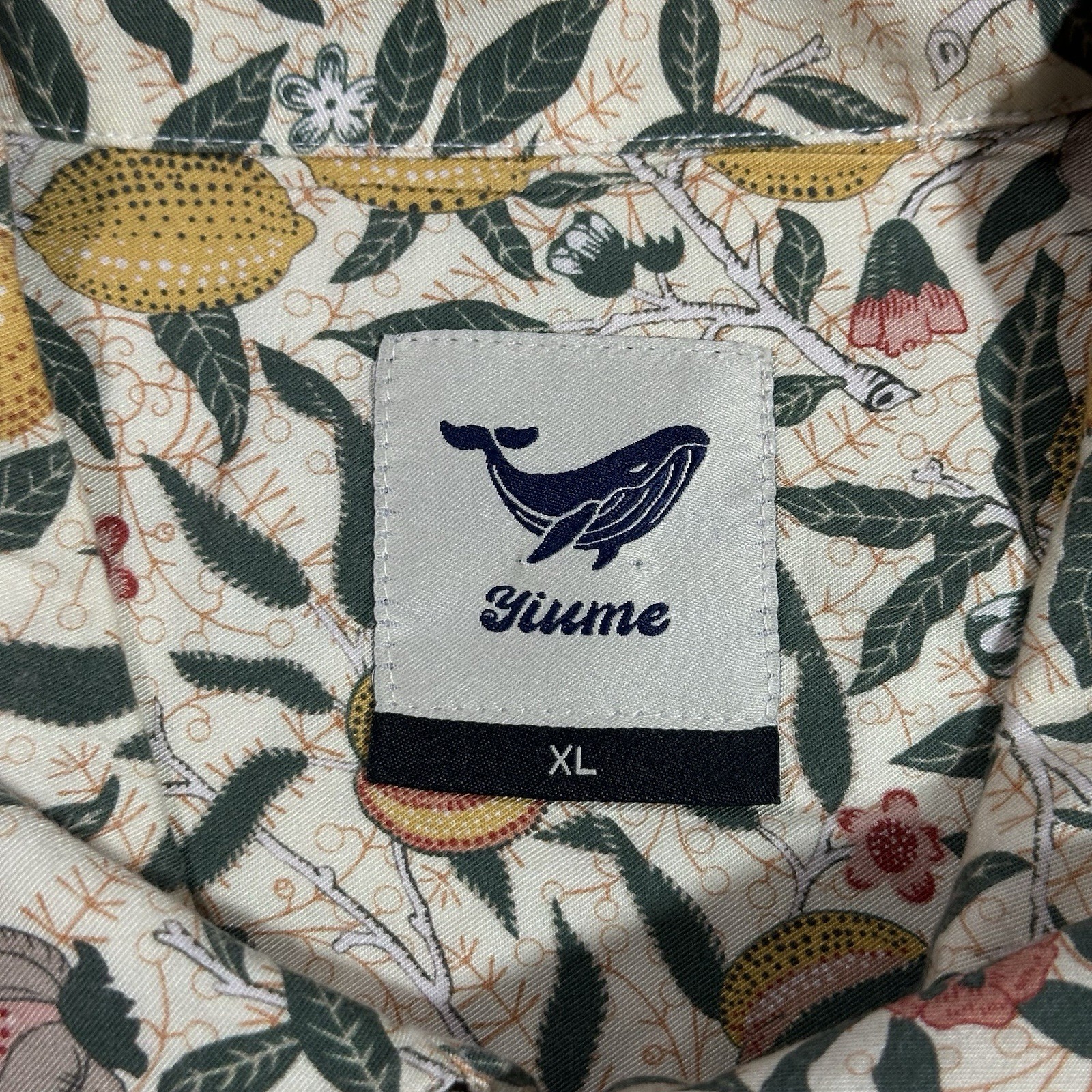 Yiume Men’s Size XL Hawaiian Camp Button Shirt Pomegranate Fruit Floral Tan SS