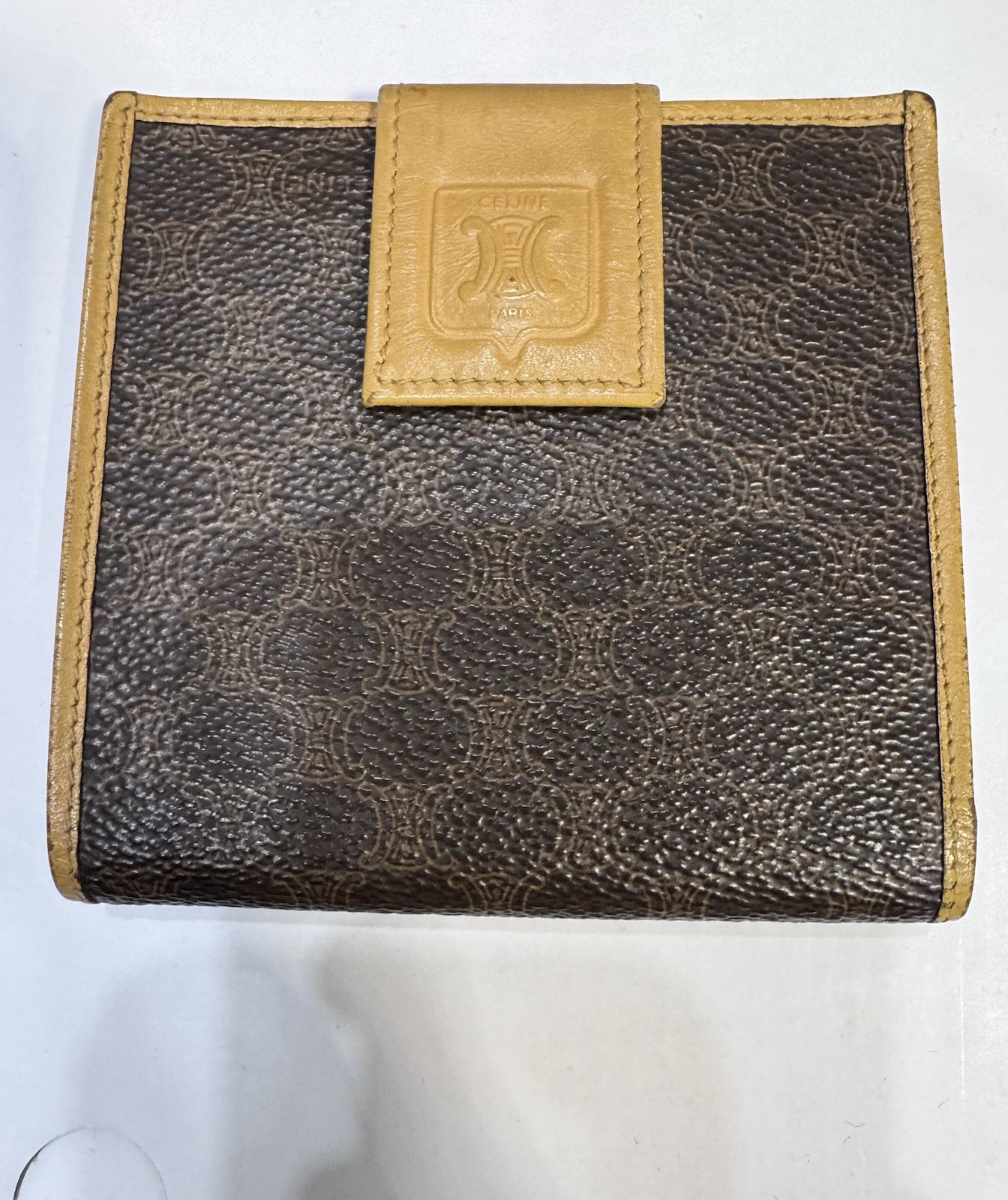 Vintage CELINE Macadam Compact Wallet Brown Canvas Leather Italy Snap Closure