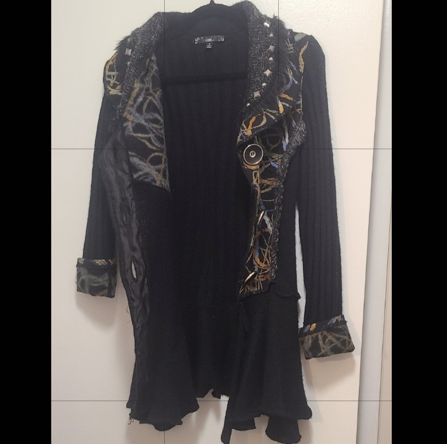 Sioni Women’s Black Multicolor Knit Cardigan Sweater Faux Fur Pockets S