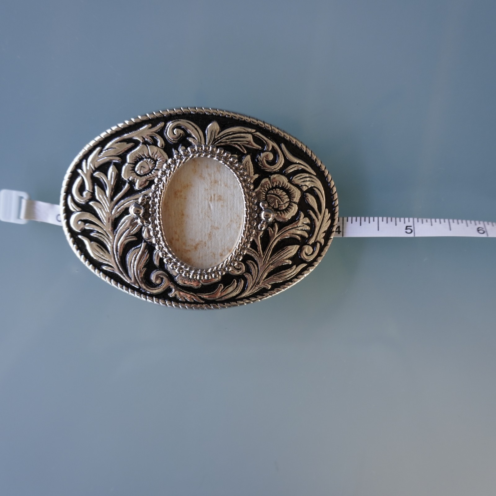 Vintage Western Belt Buckle Blank 30x40mm Cabochon Frame Floral Silver Made in U