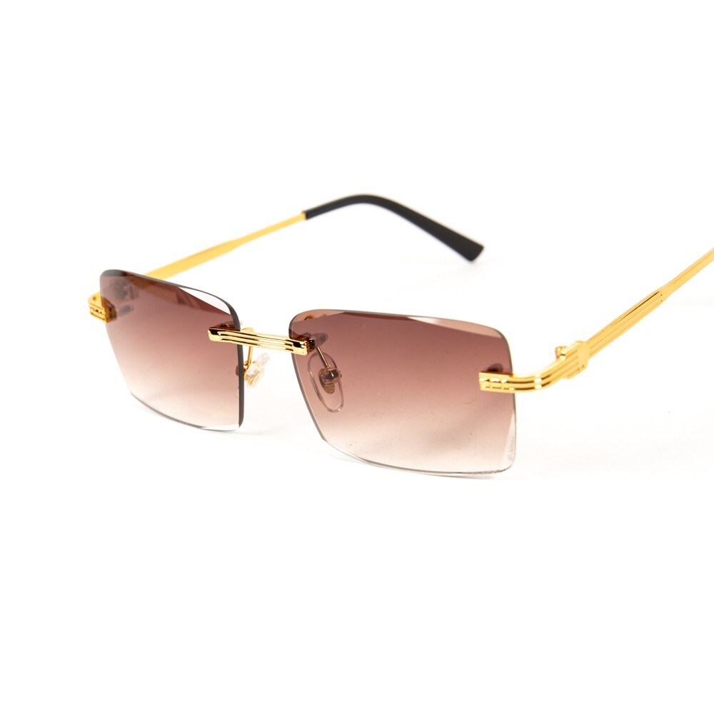 Rimless Gold Wire Frame Luxury Brown Gradient Tint Hip Hop Shades Sunglasses