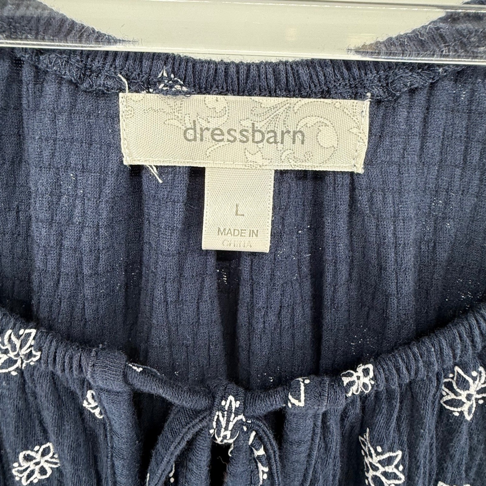 Dressbarn Navy Floral Embroidered Gauze Peasant Top Blouse Size L