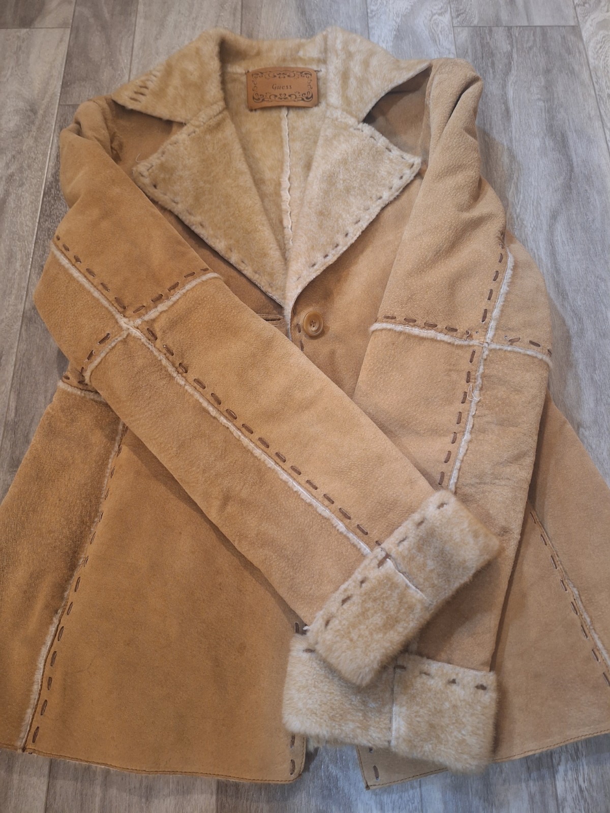 Guess Vintage Y2K Tan Genuine Suede Leather Faux Fur Lined Button Closure Coat M