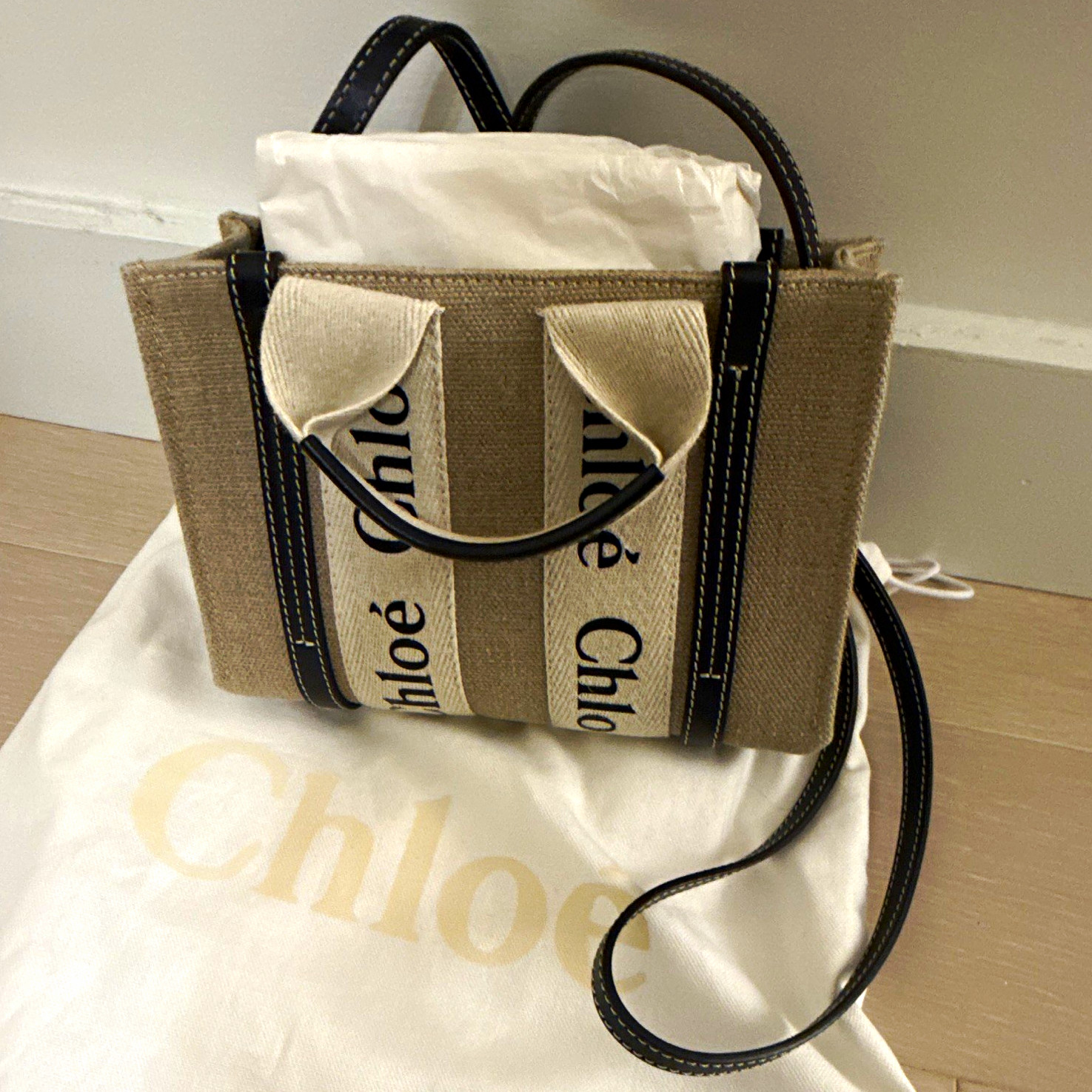Chloé Woody Mini Tote Beige/Black/White Adjustable Strap w/ Dust Bag