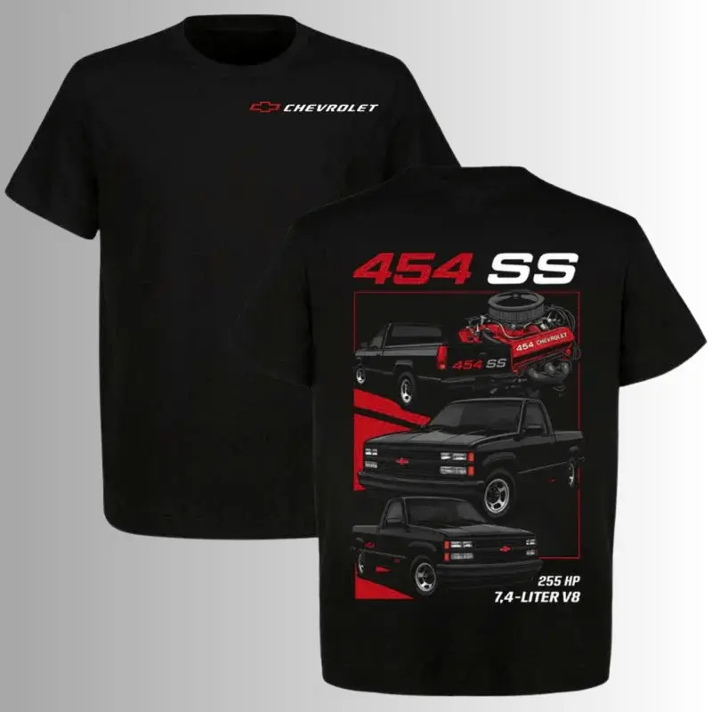 Chevrolet 454 SS V8 Truck T-Shirt, 2 Sides, Classic OBS Muscle Pickup Graphic Te