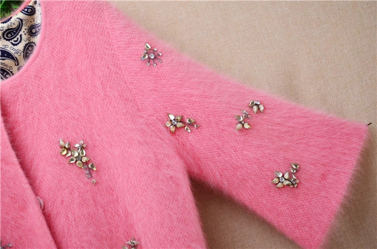 Women Thick Beading Angora Rabbit Fur Half Sleeves Slim Cardigans Sweater Coat