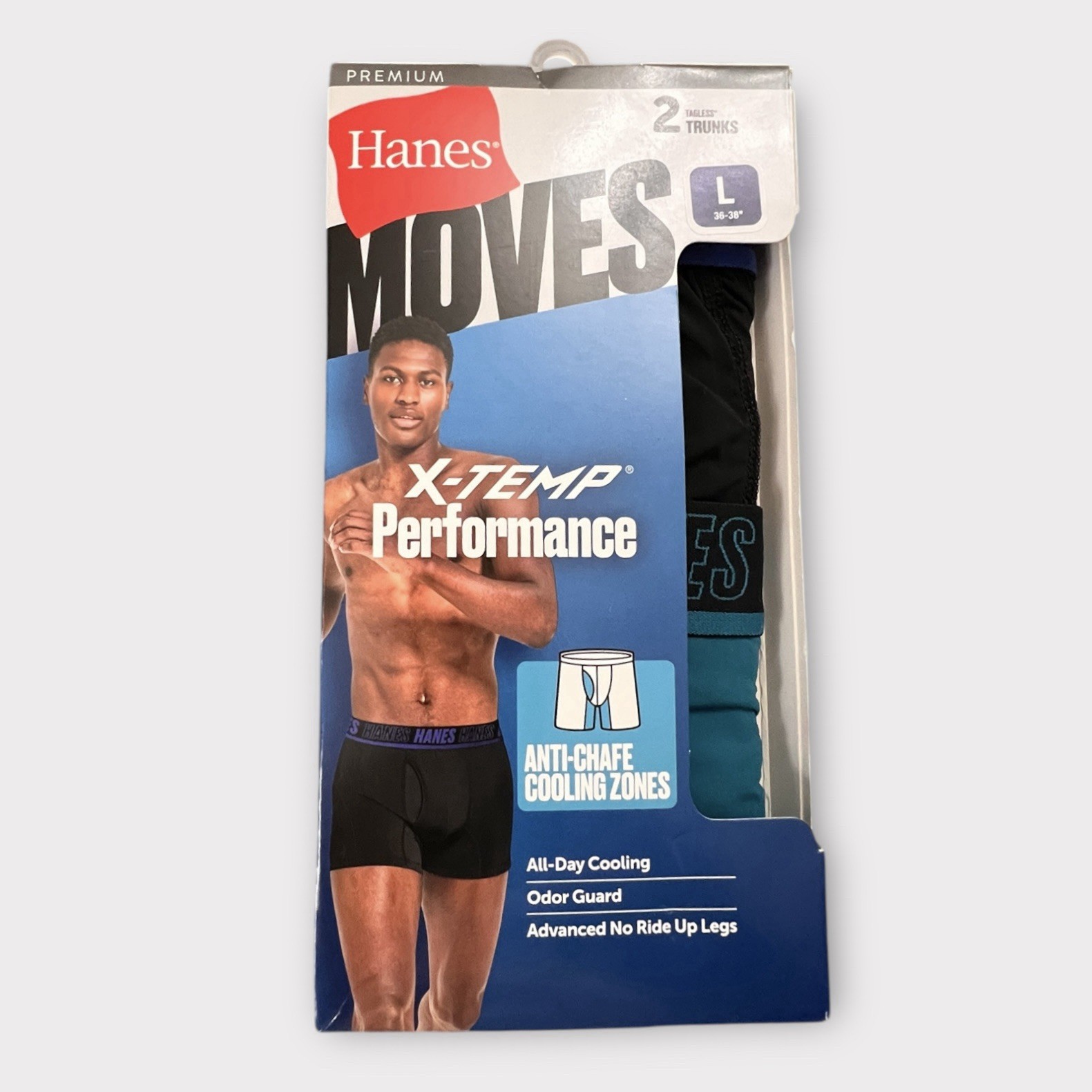 NEW Hanes sz L 36-38″ Premium X-Temp 2 pk Performance Trunks Boxer Blk Teal 1779