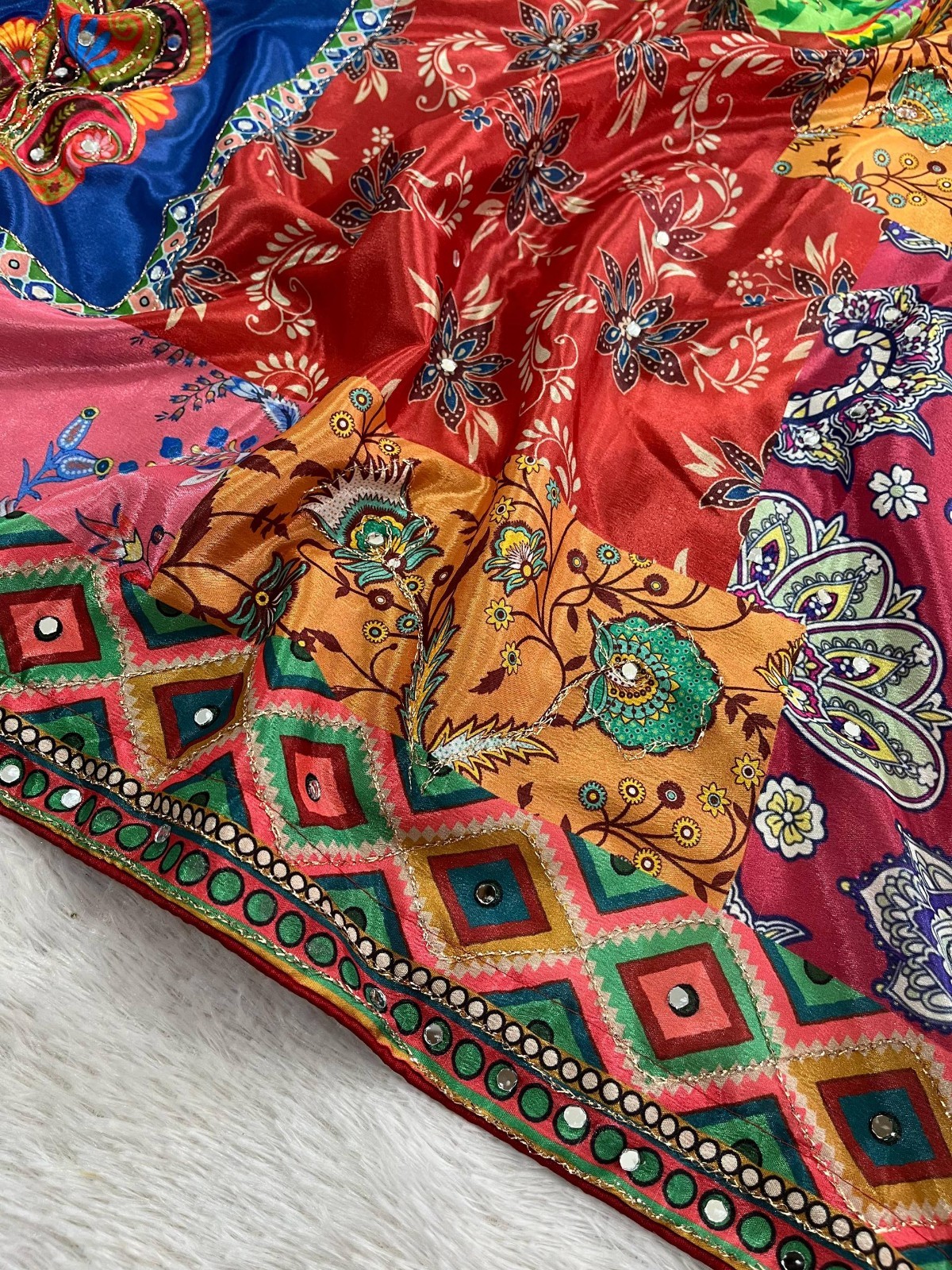 Indian Designer Saree Chinon Silk Hand Embroidery Mirror Work Ethnic Wear Sari