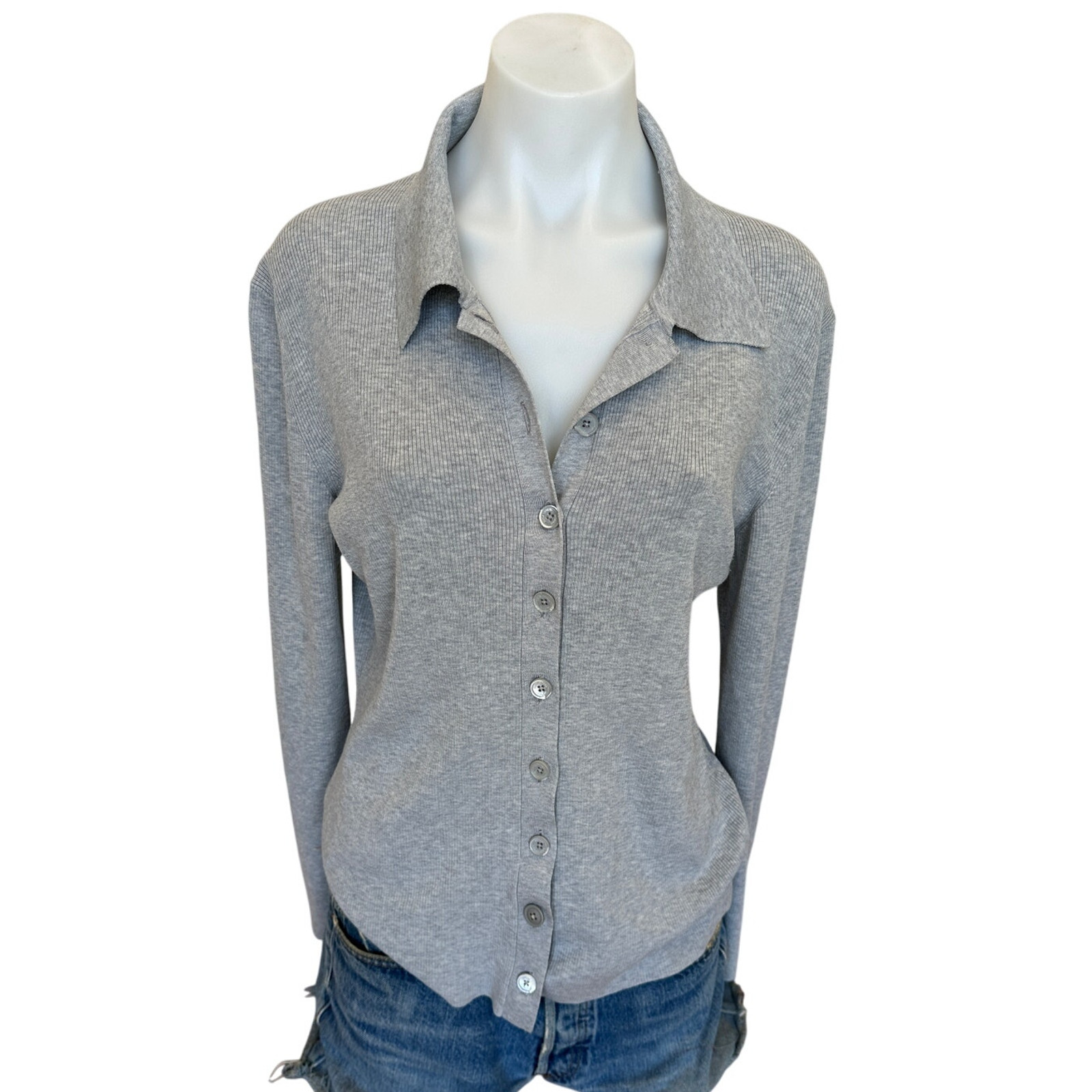 Michael Kors Gray Polo Sweater SMALL Fitted Cardigan Preppy Silk Cotton $300