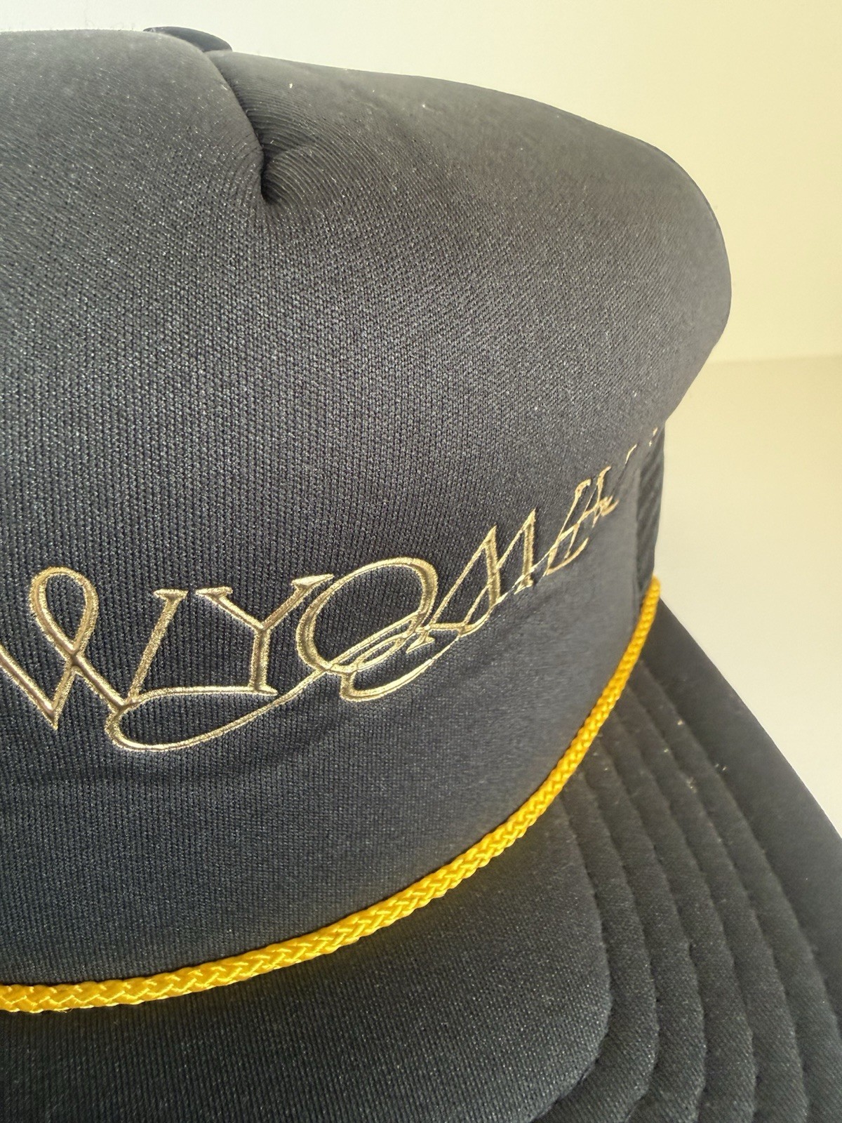 Wyoming Cowboy Hat Horse Rodeo Script Logo Foam Mesh Snap Back Trucker Cap